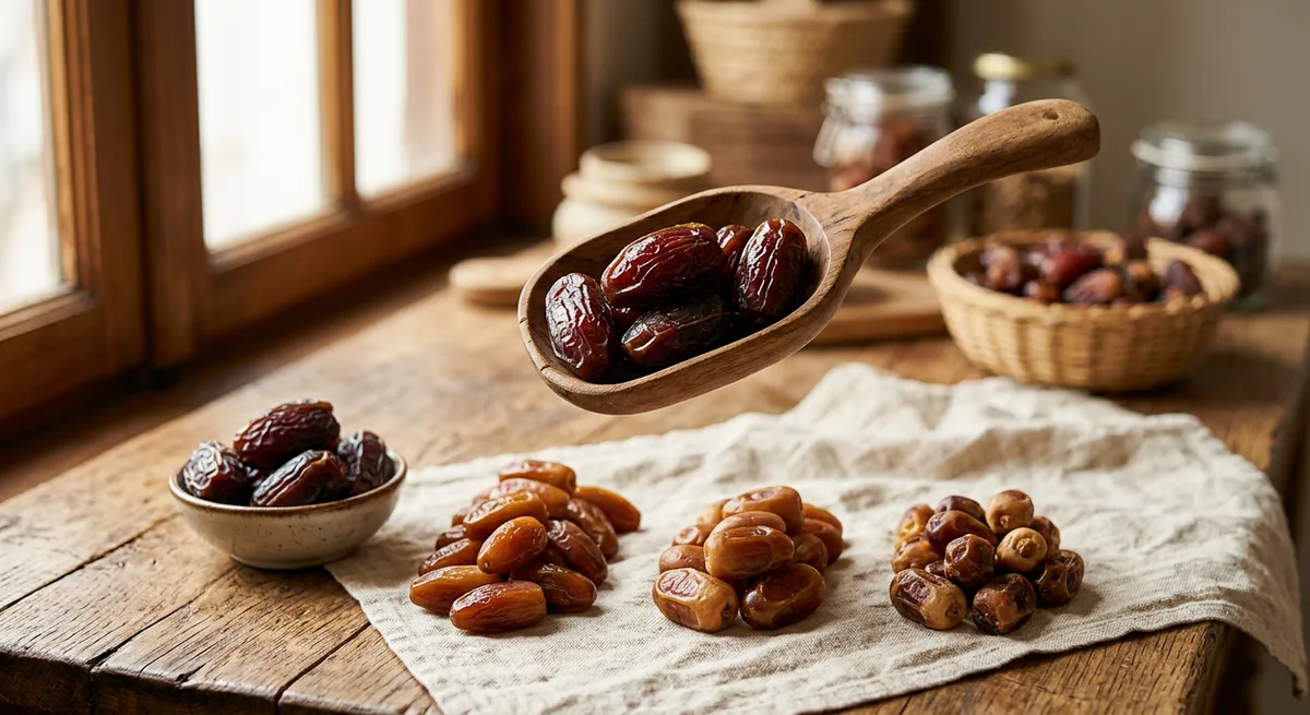 Sudu kayu berisi kurma Ajwa gelap di atas meja kayu dengan susunan kurma pelbagai gred